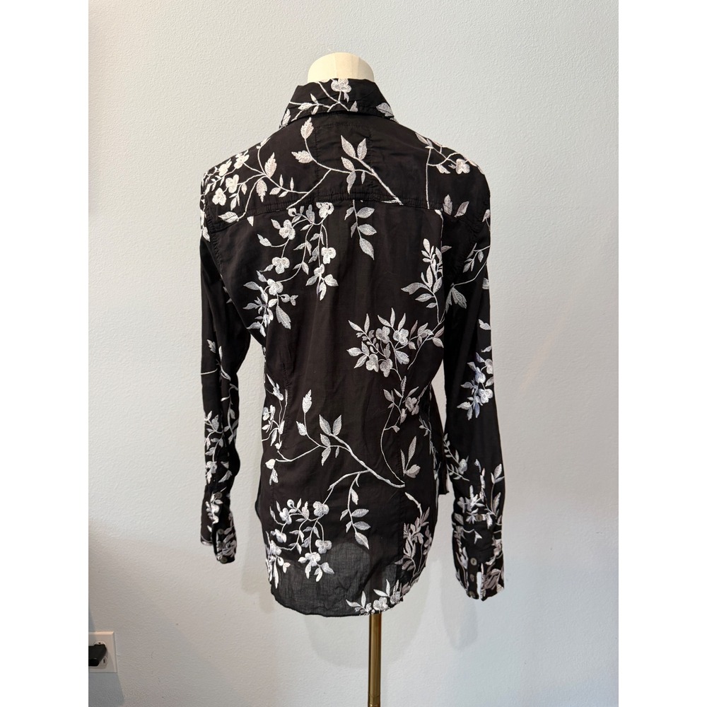 Cino Cotton Floral Embroidered Button Up Shirt Black Long Sleeve Boho Cottage XS - Picture 7 of 12